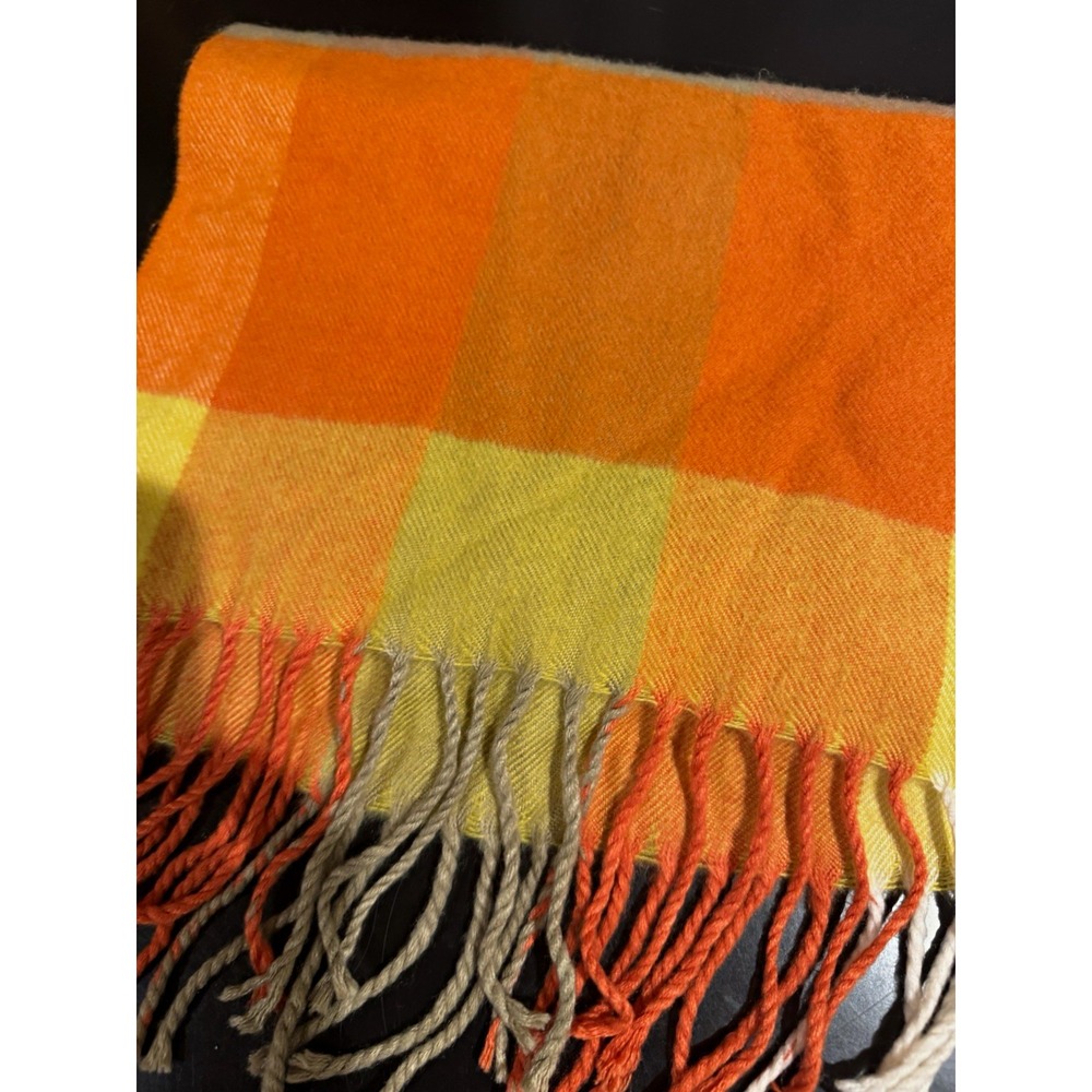 100% Cashmere Plaid Fringe Rectangle Scarf Made in England Orange Yellow Gray